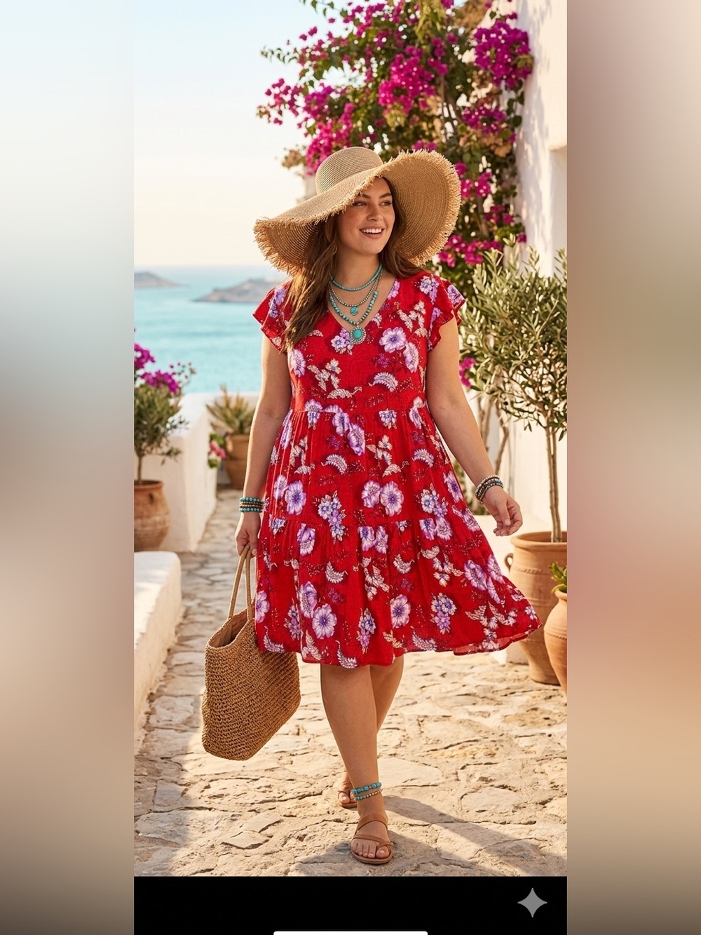 🌸Avenue Bright Red Floral  Unwind Tiers Dress with flutter sleeves. 20